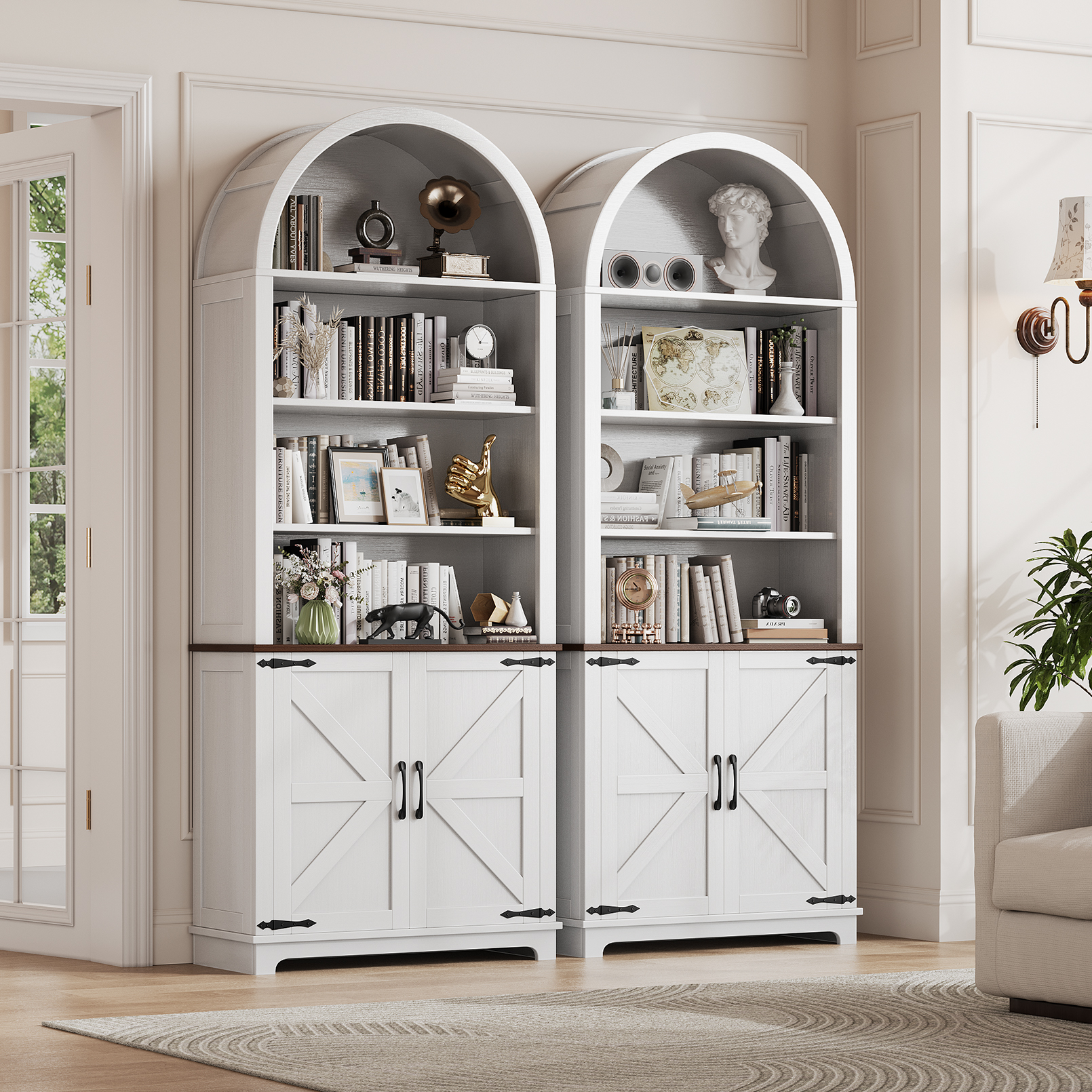 Vividwood Farmhouse Arched 6-Tier Bookshelf Bookcase with Doors, Tall Storage Cabinet, White
