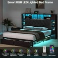 thumbnail image 4 of Full Size Bed Frame with Bookcase Headboard, Storage Drawers, LED Lights, and Charging Station, Velvet Upholstered Tufted Metal Platform Bed for Master Bedroom, Black, 4 of 7