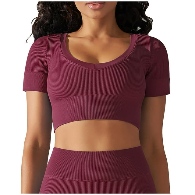 Besolor Hauts d'Entraînement à Manches Courtes pour Femmes, Col Rond, Tricot Côtelé, Yoga Athlétique, Course, Ajusté, Gym