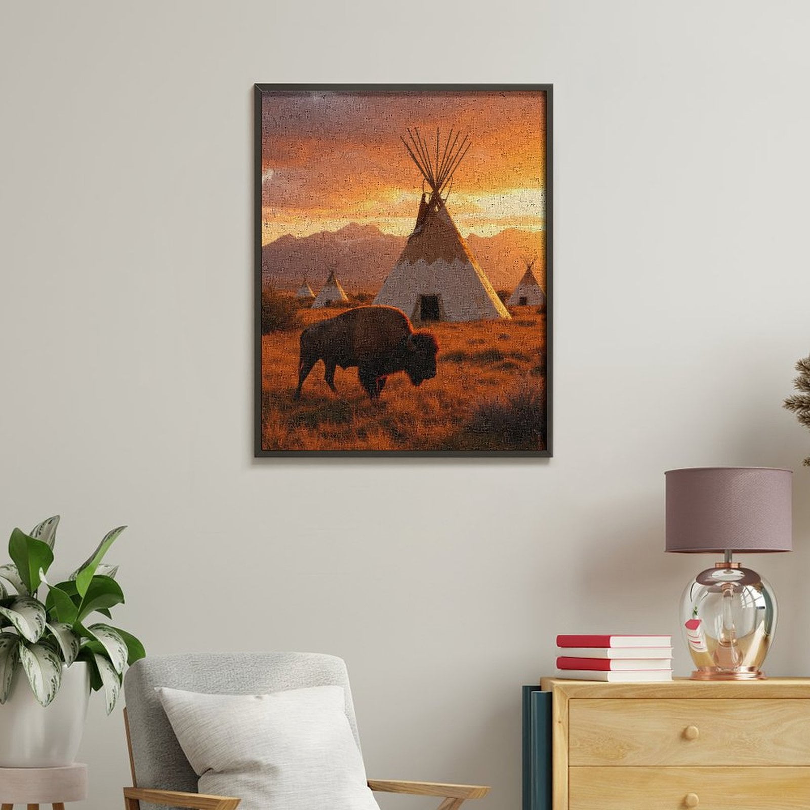 Paint By Numbers Kit for Adults Beginner - DIY Bison Plains Sunset Teepees Mountains Canvas Painting Kits for Adults, Frameless Paint By Number for Adults for Home Wall Decor 16x20 Inch
