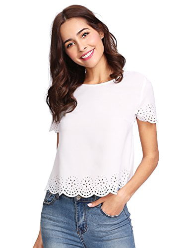 SheIn Womens Casual Round Neck Summer Short Sleeve Scallop T-Shirt Top Blouse