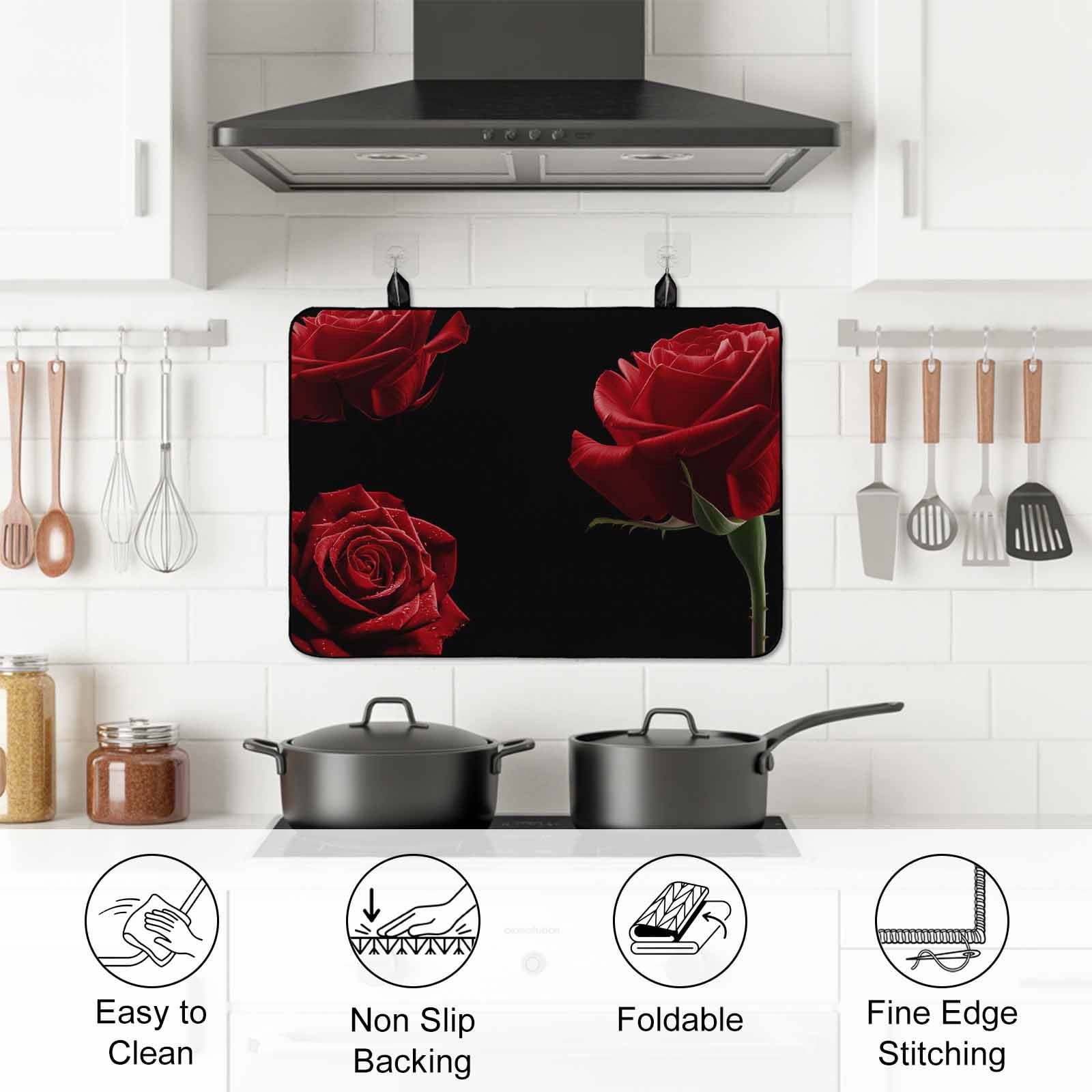 Red Rose Stove Top Cover for Electric Stove, Heat-proof & Non Slip Glass Top Stove Cover Protector, Vintage Abstract Garden Flower Floral Black Kitchen Flat Cooktop Rubber Mat 36x21 Inches