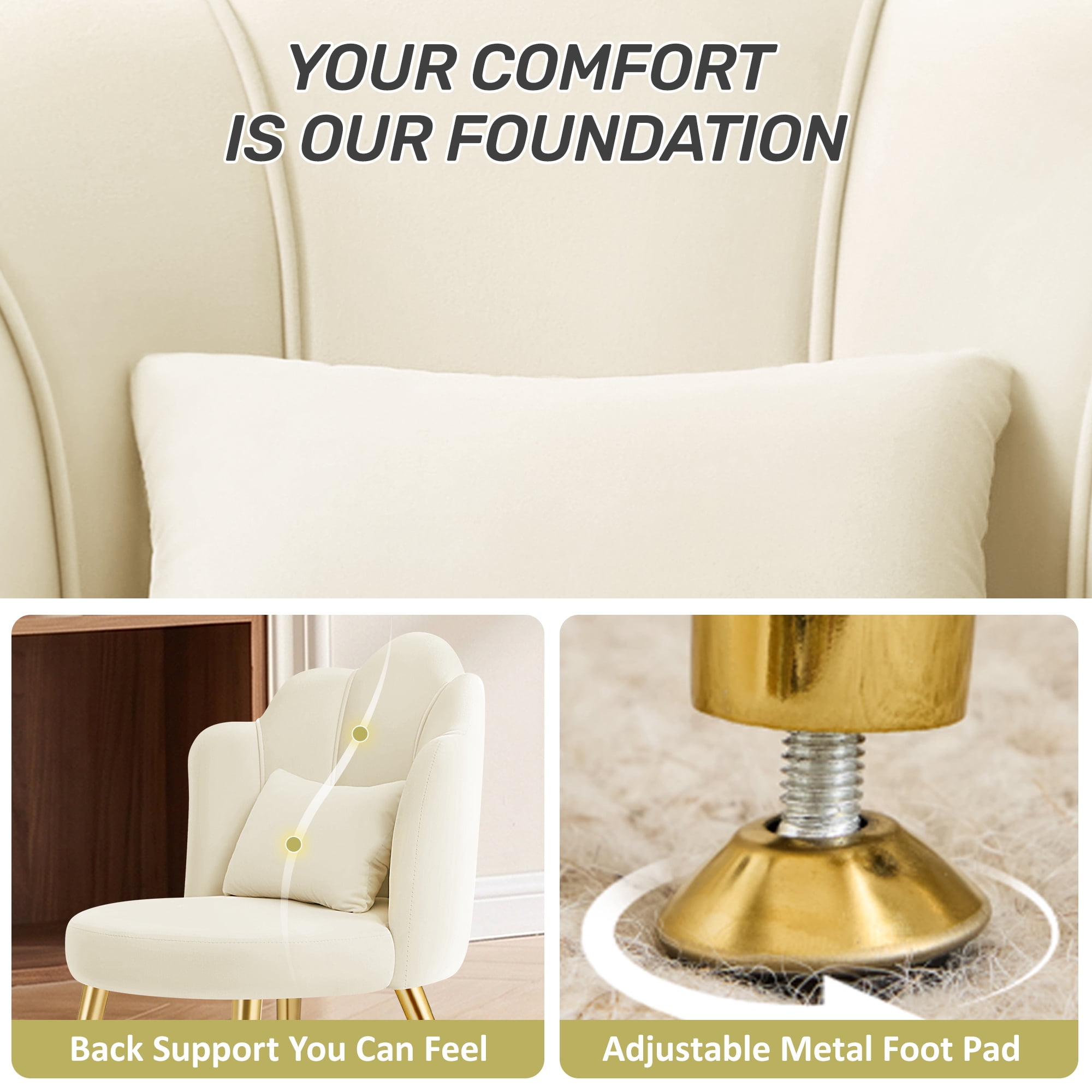 COOLHUT Petal Velvet Vanity Chair, Flower Cute Girls Mack Up Vanity Stool Chair with Lumber Pillow and Adustable Gold Legs, Upholstered Small Desk Chair for Living Room Bedroom Home Office, Beige