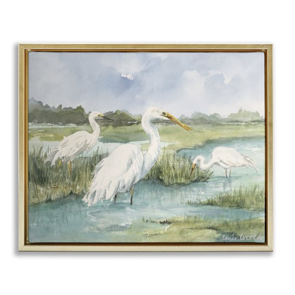 Stupell Industries Rustic Lodge Wild Egrets in Marshland Gold Floating Frame Canvas Art, 21 x 17, by Lanie Loreth