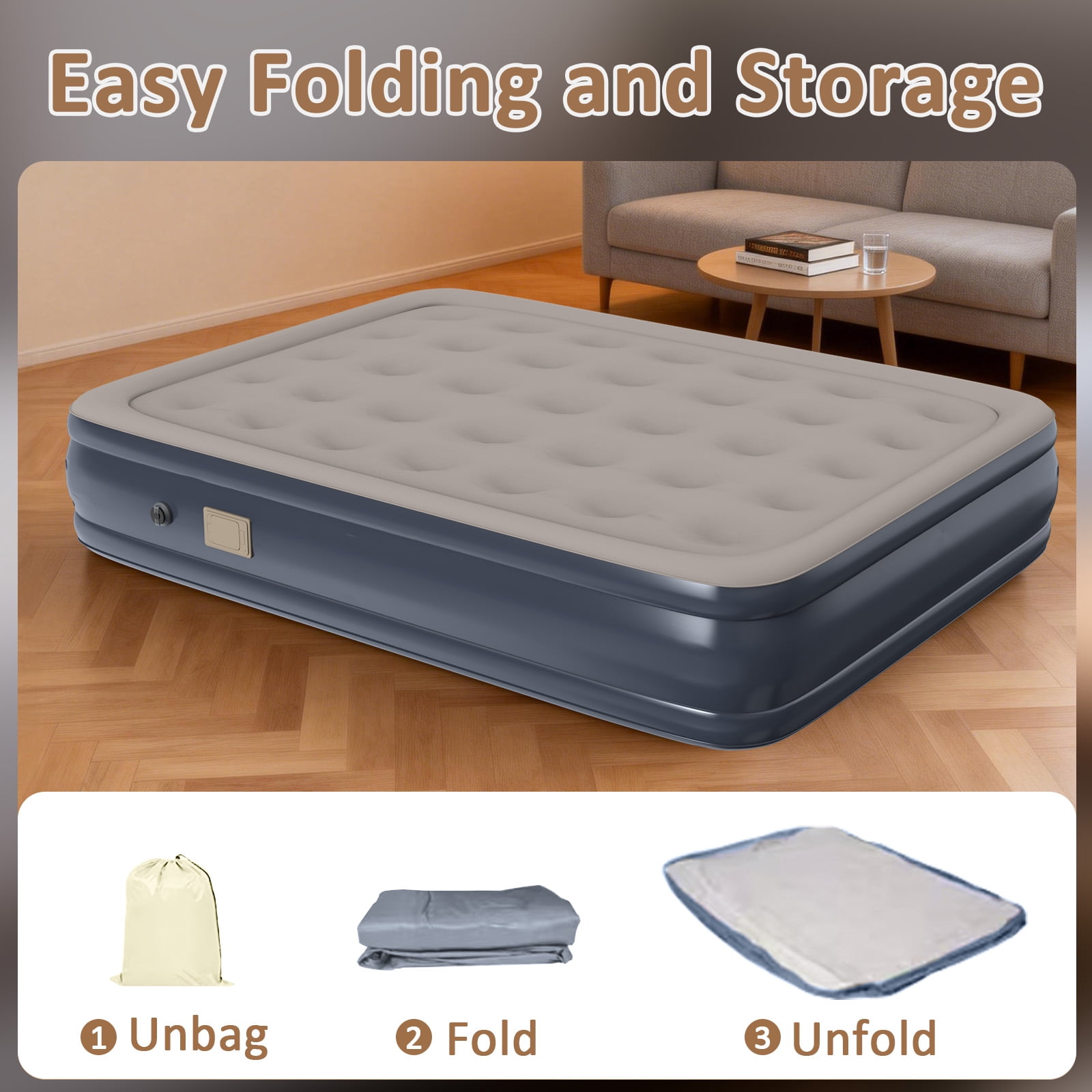 Air Mattress with Pillow, Queen Inflatable Mattress with Built-in Pump, Elevated Inflatable Bed with Pillow, for Camping, Guests and Home, 660lbs Max, Gray