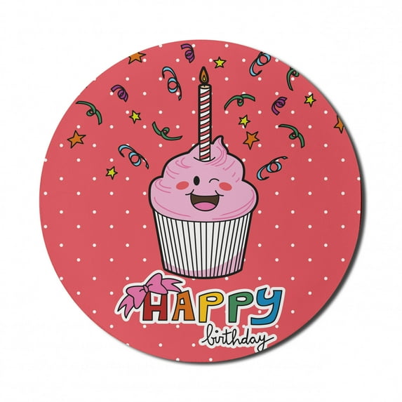 Birthday Mouse Pad for Computers, Pink Strawberry Flavor Cupcake Candle Face Bow Tie and Dots, Round Non-Slip Thick Rubber Modern Gaming Mousepad, 8" Round, Multicolor, by Ambesonne