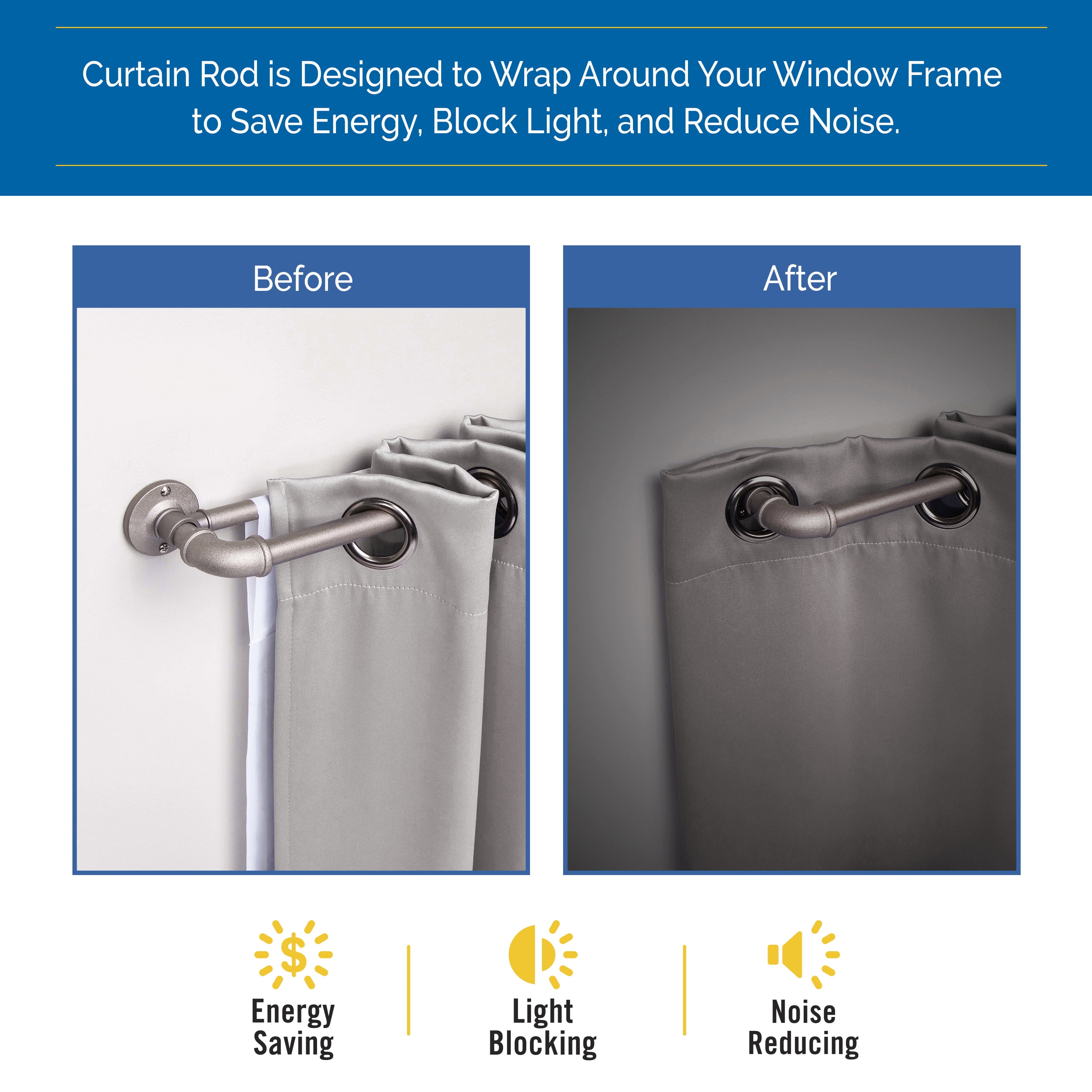 Sun Zero Bronn 3/4" Light Blocking Wrap Around Window Double Curtain Rod, 36-66", Polished Pewter