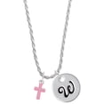 thumbnail image 1 of Delight Jewelry Silvertone Small Pink Crystal Cross Silvertone Script Initial Disc - W - Charm Necklace, 20"+3", 1 of 4