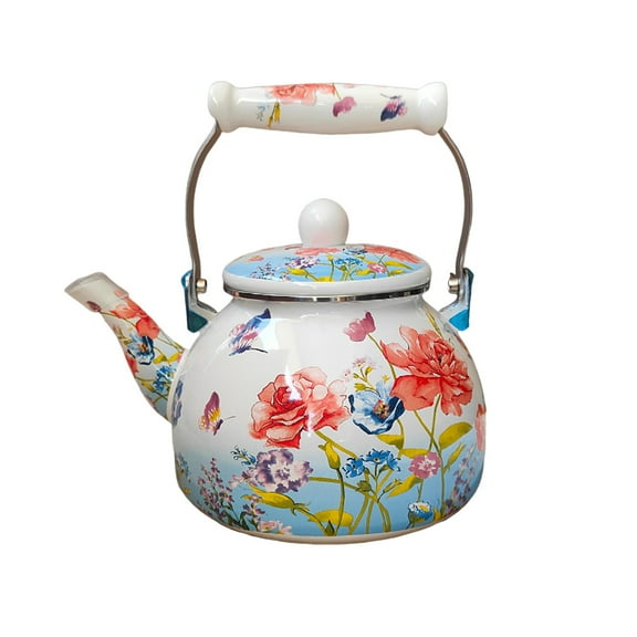 Enamel tea kettle with vintage floral pattern, tea kettle with handle, 2.5 L, enameled porcelain kettle, teapot for stovetop, for brewing tea and coffee