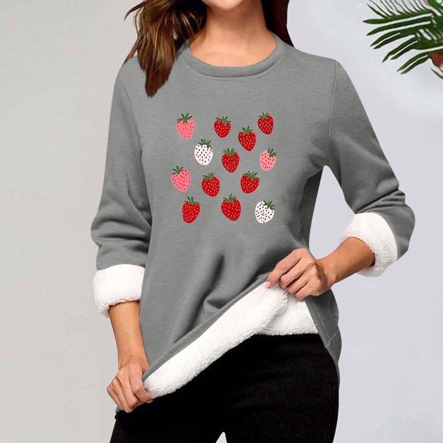 Heisall Chemises de Base pour Femmes Automne Hiver Imprimé Floral Col Rond Manches Longues Épaissies Polaire Teddy Shearling Chaud Ajusté Hauts Thermiques pour Usage Quotidien par Temps Froid