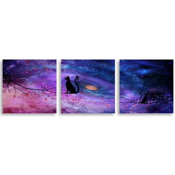 IDEA4WALL 3 Pieces Modern Canvas Wall Art Bird on Cat Tail Standing on Branch Under Colorful Nebula Canvas Prints for Home Wall Decor - 16"x16"x3 Panels