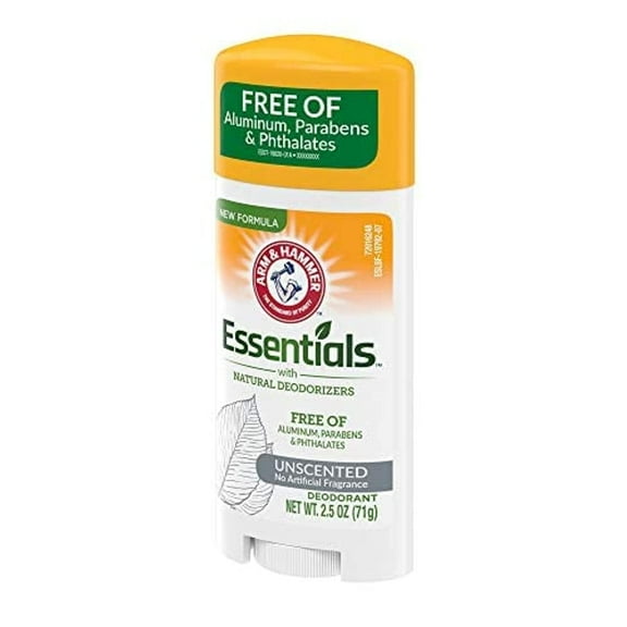 ARM & HAMMER Essentials Deodorant- Unscented- Solid Oval- Made with Natural Deodorizers- Free From Aluminum, Parabens & Phthalates, 2.5 Oz