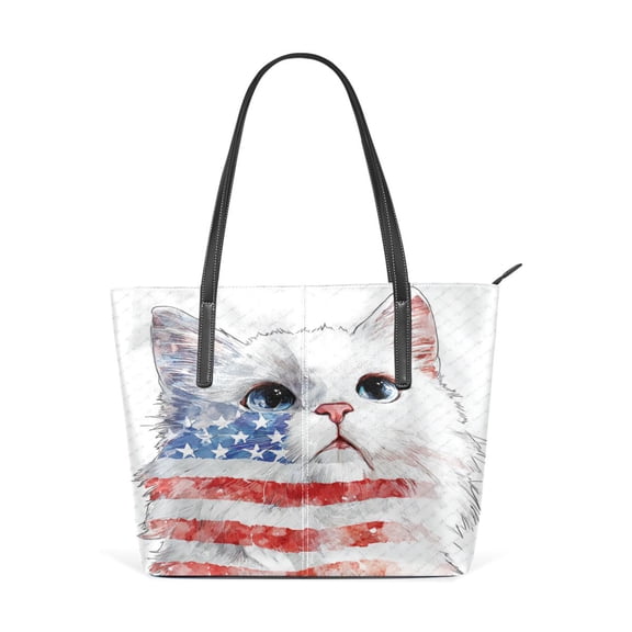 Tote Bag Aesthetic leather Handbags with Zipper for Women Travel Shoulder Bags Purses with compartment. American Flag Cat