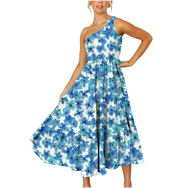 Bigersell Tank Dresses Women's Boho Summer Printed One-Shoulder Sleeveless  Smocked Flowy Tiered Party Dress Beach Maxi Dress Plus Wrap Dress Style  7209, Female Knee Length Dresses Blue XL 