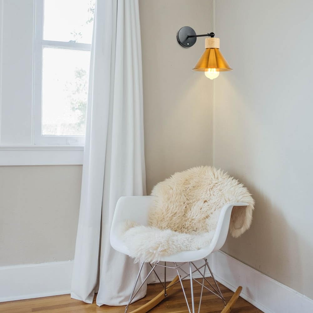 KAYYELAMP PIR Motion Sensor No Cord Battery Wall Sconce Wood Base Gold Metal Shade Wall Lamp Modern Style for Hallway Balcony Entrance Basement