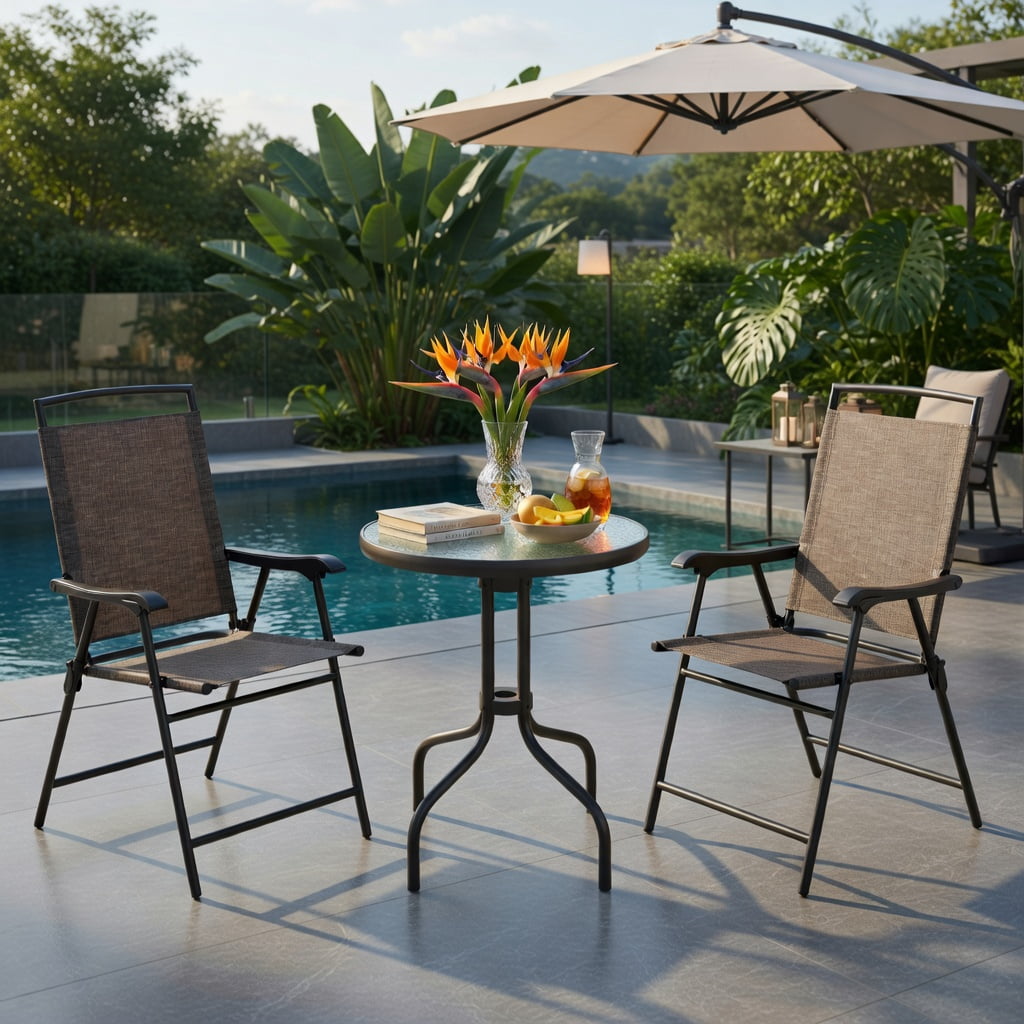 Hommoo 3-Piece Outdoor Patio Set, Round Tempered Glass Table & 2 Folding Chairs with Breathable Fabric Seats, Compact for Balcony & Small Spaces, Brown