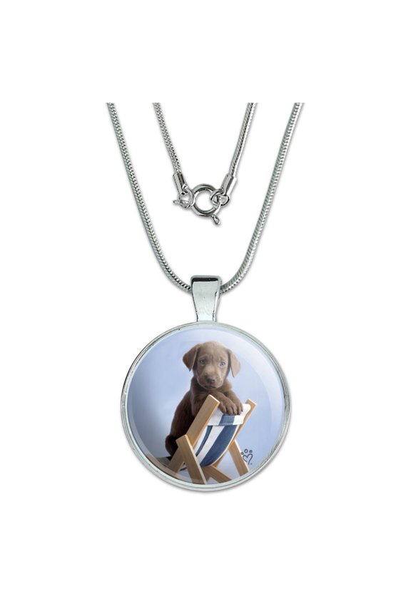 Lab Labrador Puppy Dog in Beach Lounger Chair 1" Pendant with Sterling Silver Plated Chain