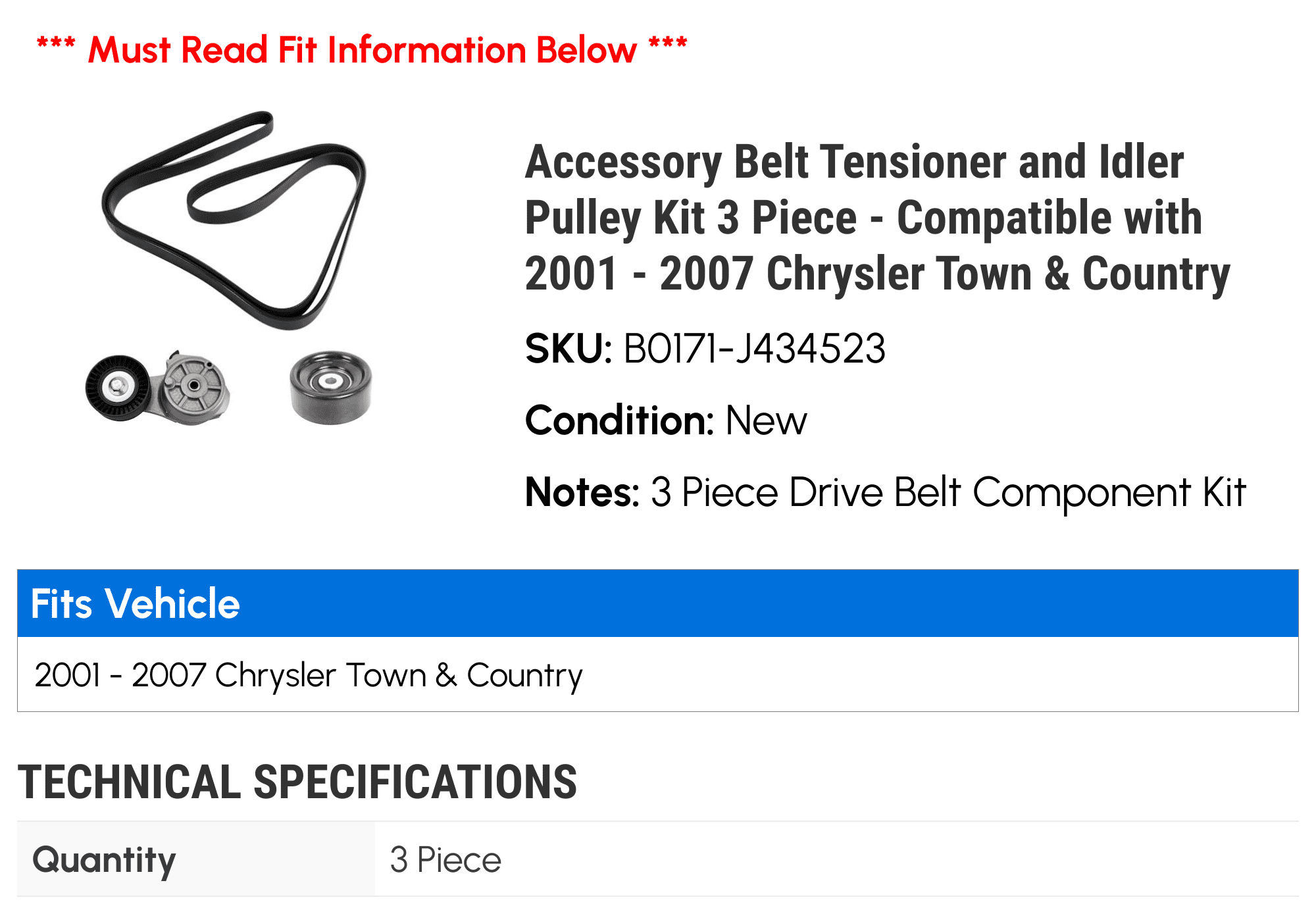 Accessory Belt Tensioner and Idler Pulley Kit 3 Piece - Compatible with 2001 - 2007 Chrysler Town & Country 2002 2003 2004 2005 2006