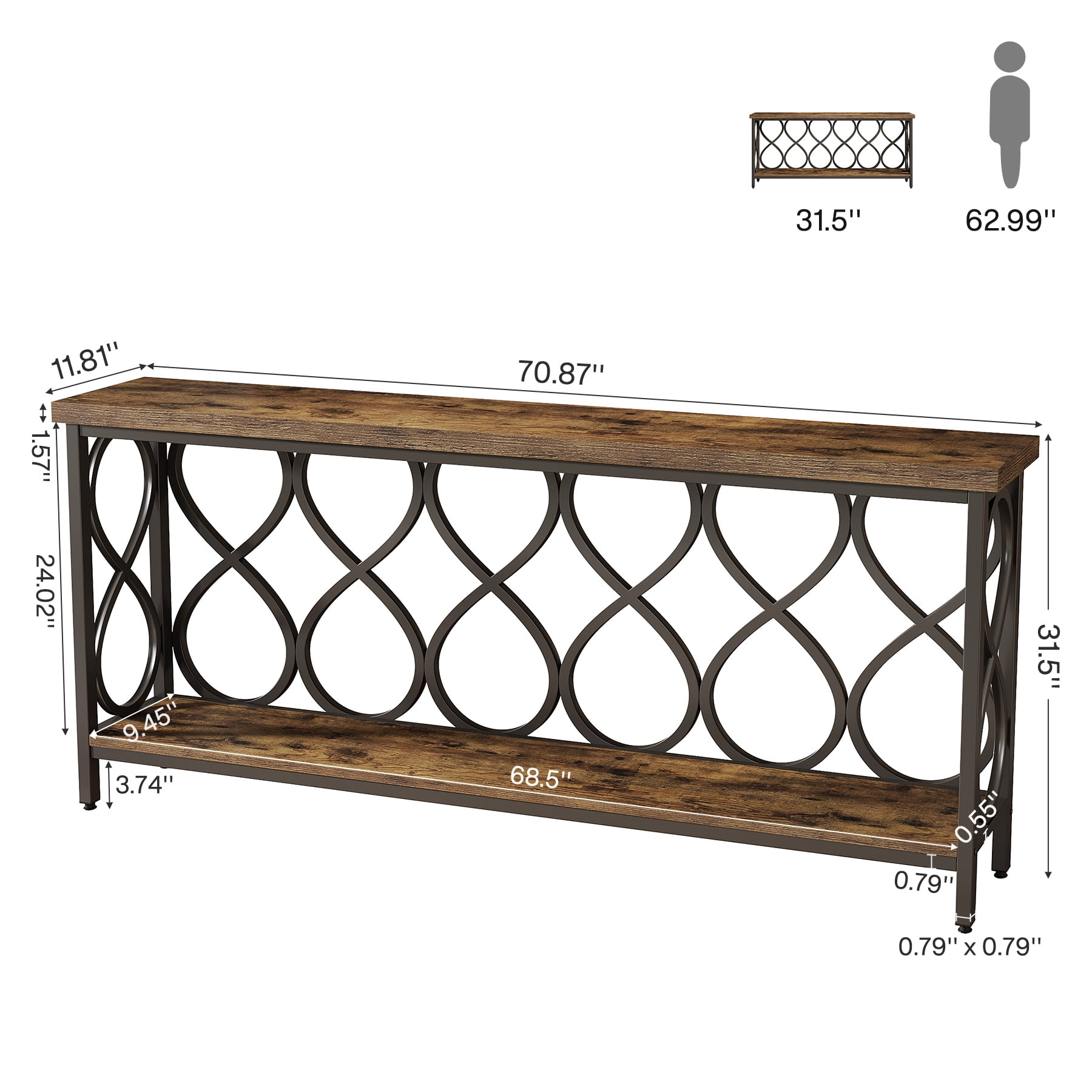 Tribesigns 70.9" Industrial Console Sofa Table, 2-Tier Entryway Accent Table Behind Couch for Living Room, Hallway, Entry, Rustic Brown
