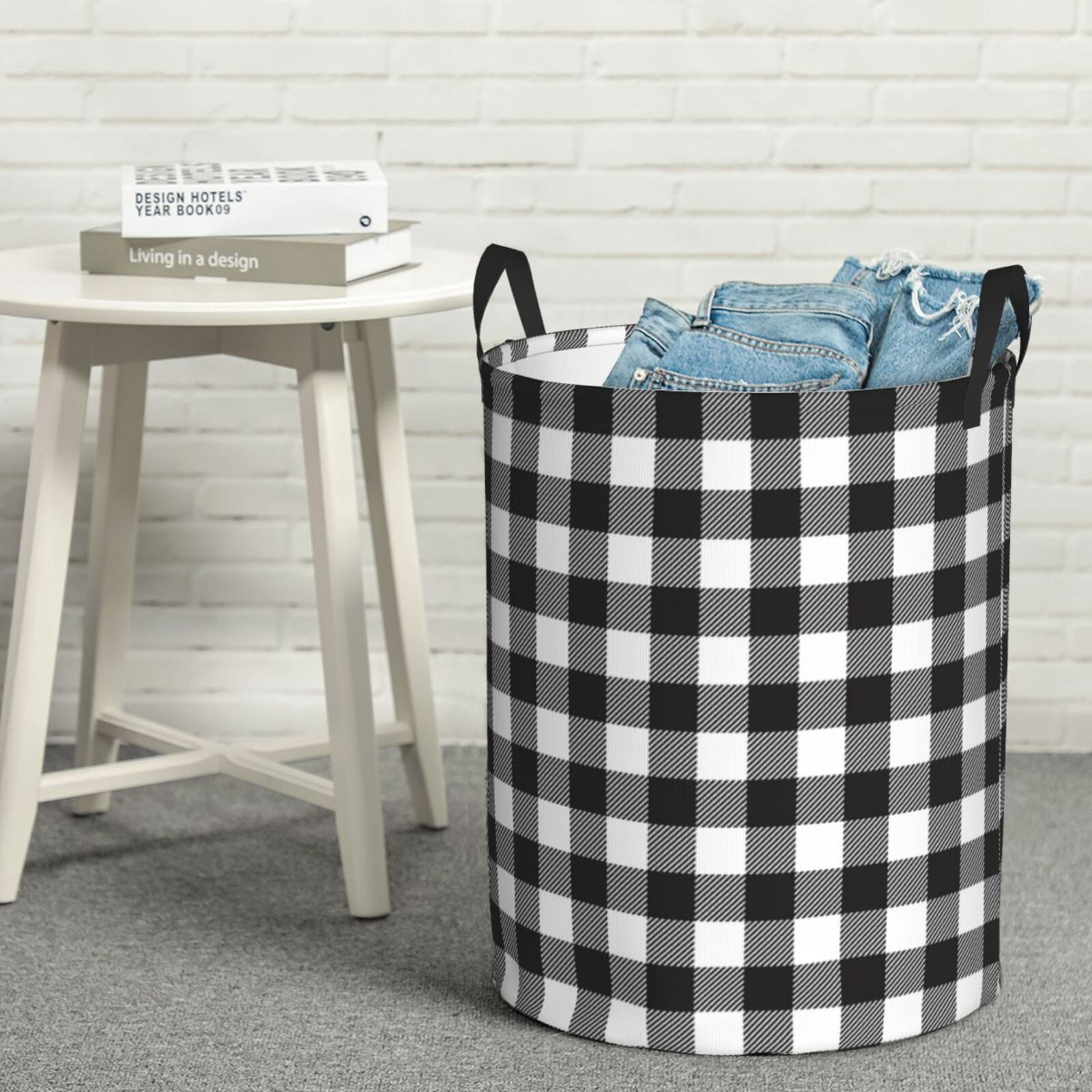 Fuzoiu Black White Plaid Print Circular Hamper,Laundry Basket with Handle,Collapsible Laundry,Dirty Clothes Storage Basket,for Bedroom Bathroom Dorm Living Room-Small