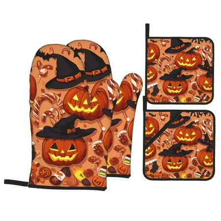 

XMXT Heat Resistant Oven Mitts and Pot Holders Sets Halloween Scary Pumpkin Oven Mitt Hot Pads Kitchen Cooking BBQ Gloves 4 Pcs