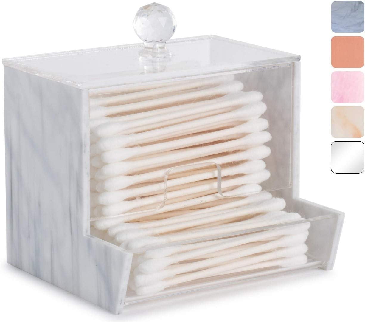 Marble Acrylic Qtip Holder Canister for Q-Tip Brand Cotton Swabs Dispenser by My Space Organizers