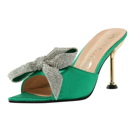

Ladies Fashion Solid Color Satin Rhinestone Bow Pointed Toe Thin High Heels Shoes