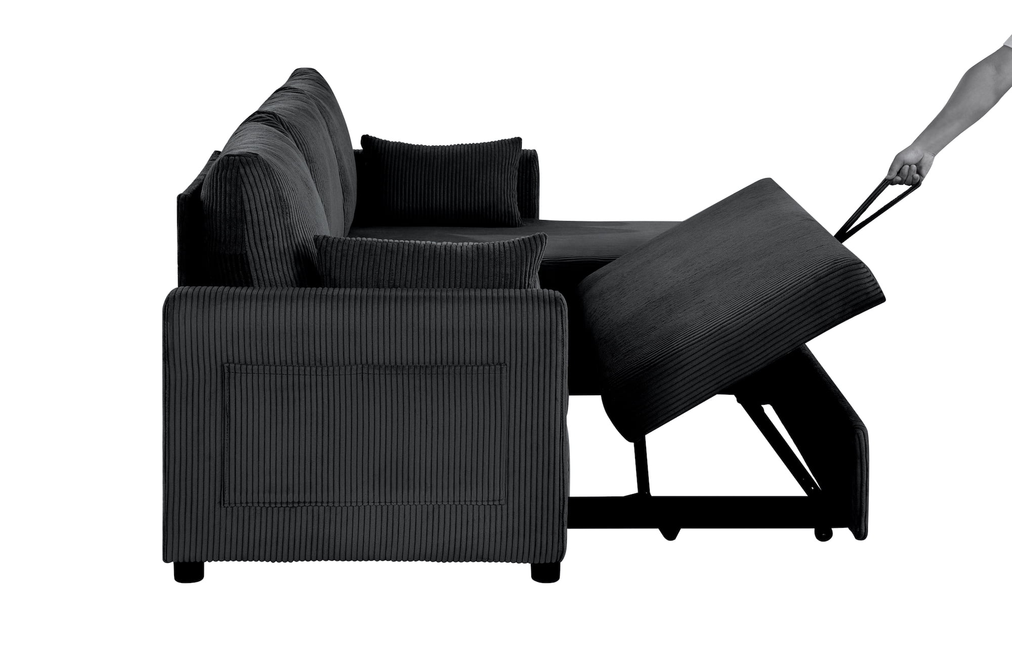 Xiweot 85" Sectional Sleeper Sofa Bed, L Shaped Couch with Pull Out Bed & Storage Chaise, Corduroy 3 Seat Sectional Couch for Living Room Apartment Small Space (Black)