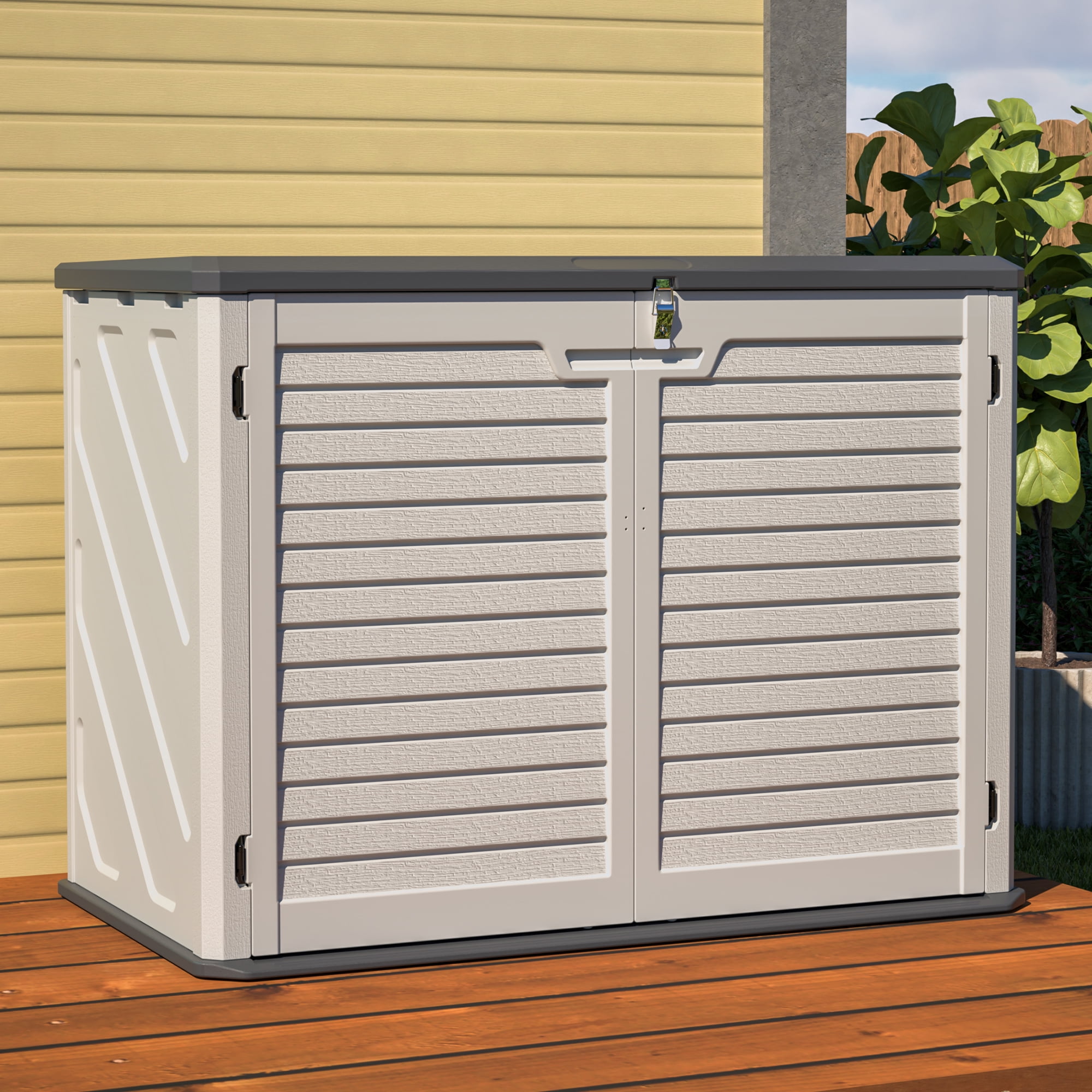 190GAl HDPE Outdoor Storage Cabinet, Seizeen Storage Shed Lockable with 3 Doors, 25.34 cu.ft Plastic Deck Box Pool Patio Garden Backyard Storage, Locking Latch, White