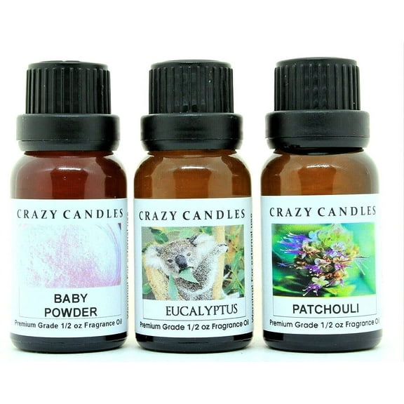 Crazy Candles 3 Bottles Set, 1 Baby Powder, 1 Eucalyptus, 1 Patchouli 1/2 fl oz Each (15ml) Premium Grade Scented Fragrance Oils