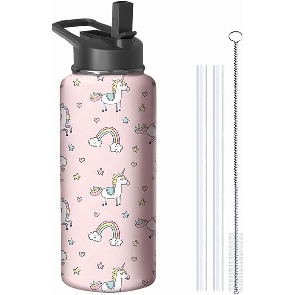 18oz Pink Unicorn Water Bottle with Handle and Flip Straw, Animal Sports Stainless Steel Insulated Cup Travel Coffee Mug Tumbler, Birthday Mothers Day Chritmas Gifts for Women