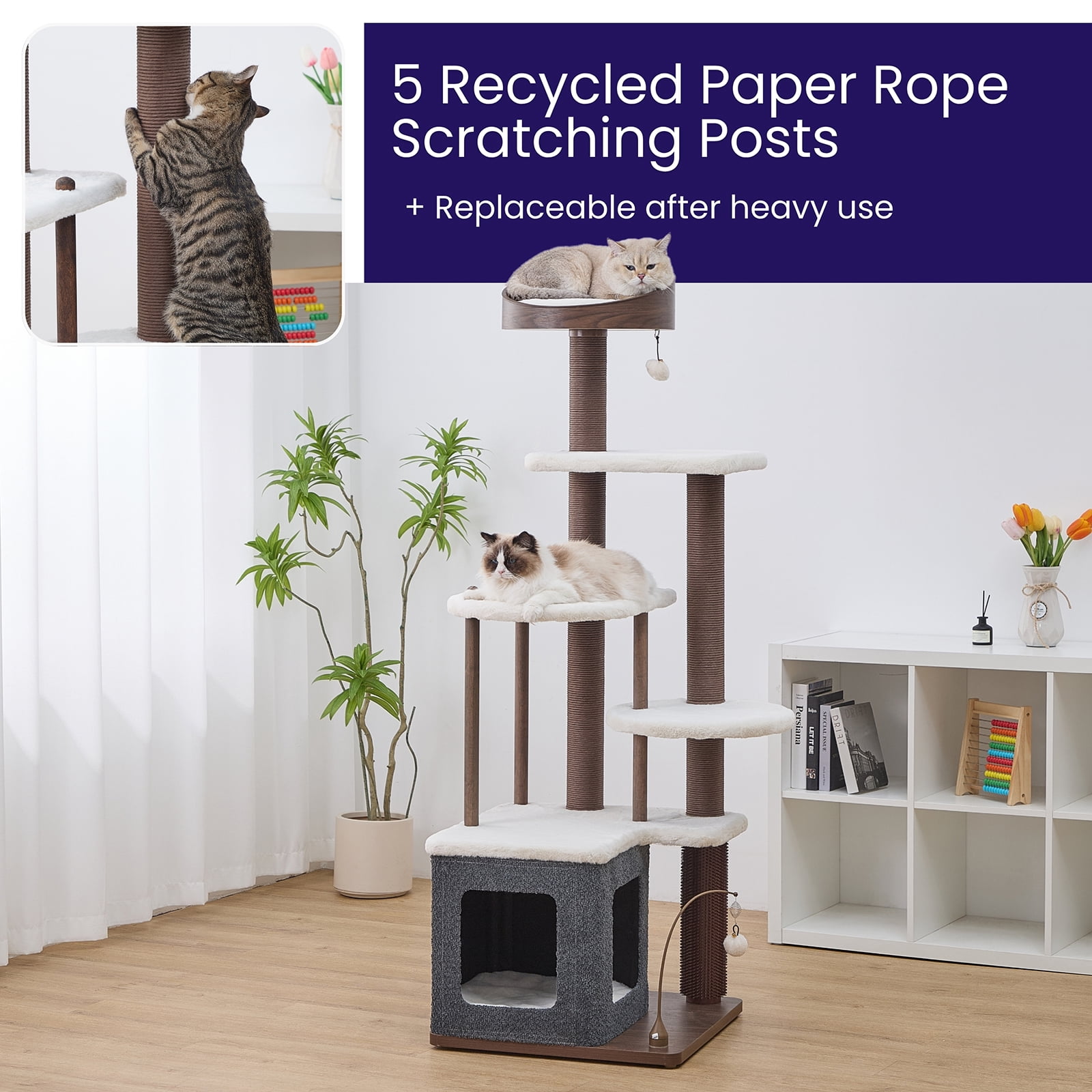 Catry® Trinity 5-Level Cat Tree with Washable Beds, Recycled Paper Scratchers, Toys, Massager & Laminated Wood, Gray