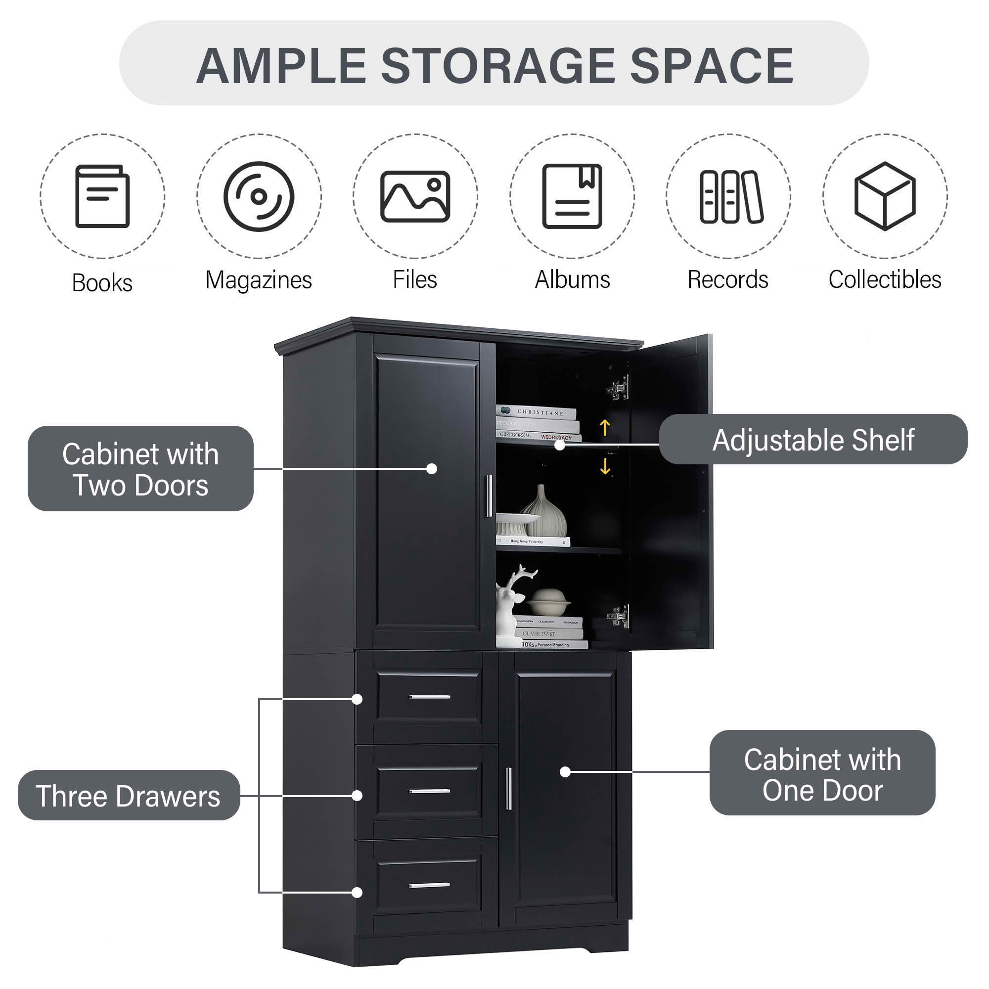MAYEERTY Tall Wide Storage Cabinet with Doors, 3 Drawers, Bathroom Office Use, Black