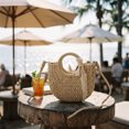 thumbnail image 5 of Round Small Crossbody Grass Woven Bag for Women, Handmade Paper Rope Woven Bag with Lace Carry Handle, Cute Mini Round Straw Beach Tote for Girls Summer Vacation Beach Travel Shopping, 5 of 6