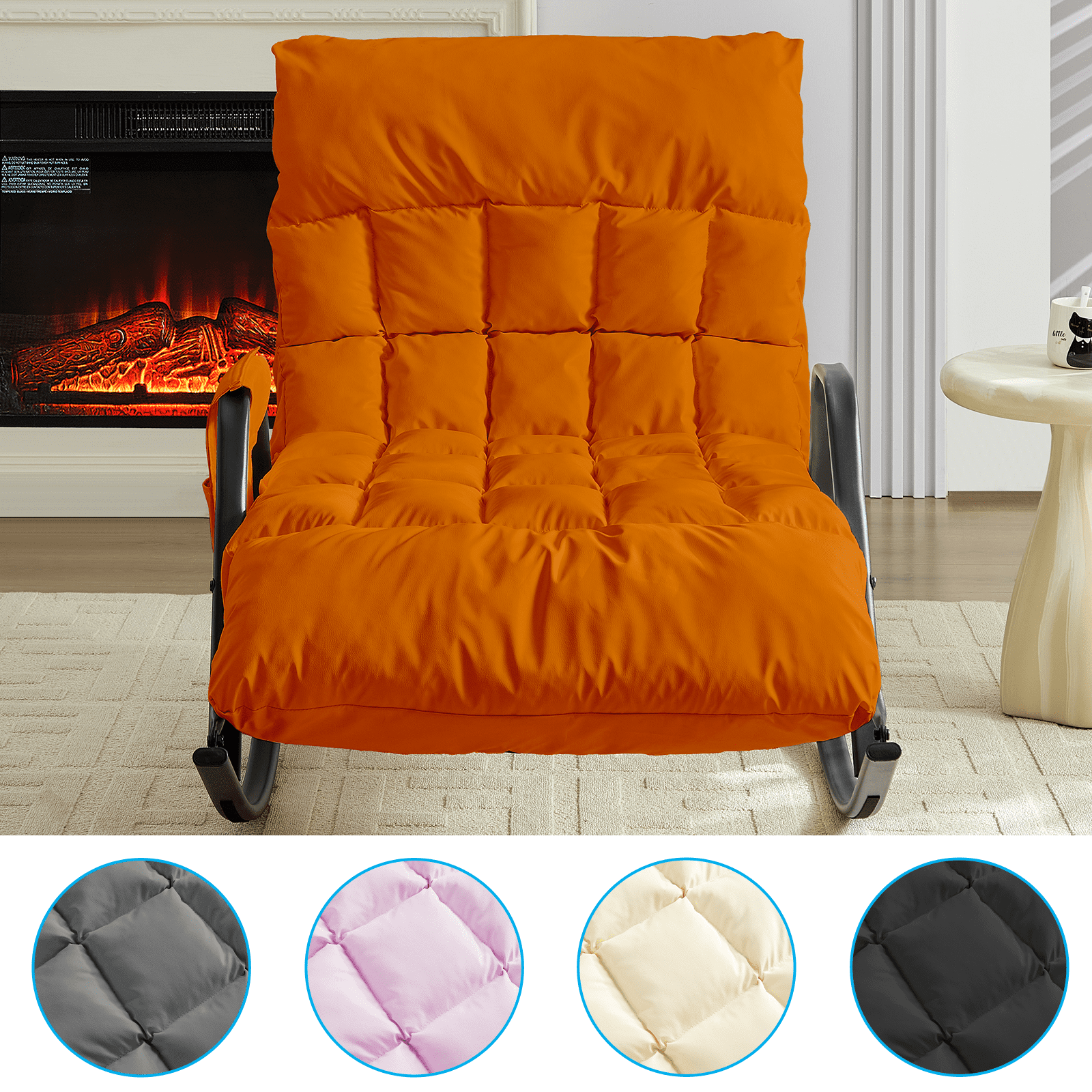 BALUS Rocking Chair, Leather Nursery Recliner with Adjustable Backrest & Footrest, Side Pockets, Modern Living Room Seating Space-Saving Design, Orange