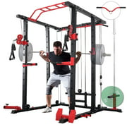 ELEVTAB Power Rack Cage with Cablr Crossover, 1400lbs Squat Rack with Cable Crossover Machine, Multi-Function Workout Cage with J-Hook, Landmine, Band Peg, Battle Rope Ring Home Gym