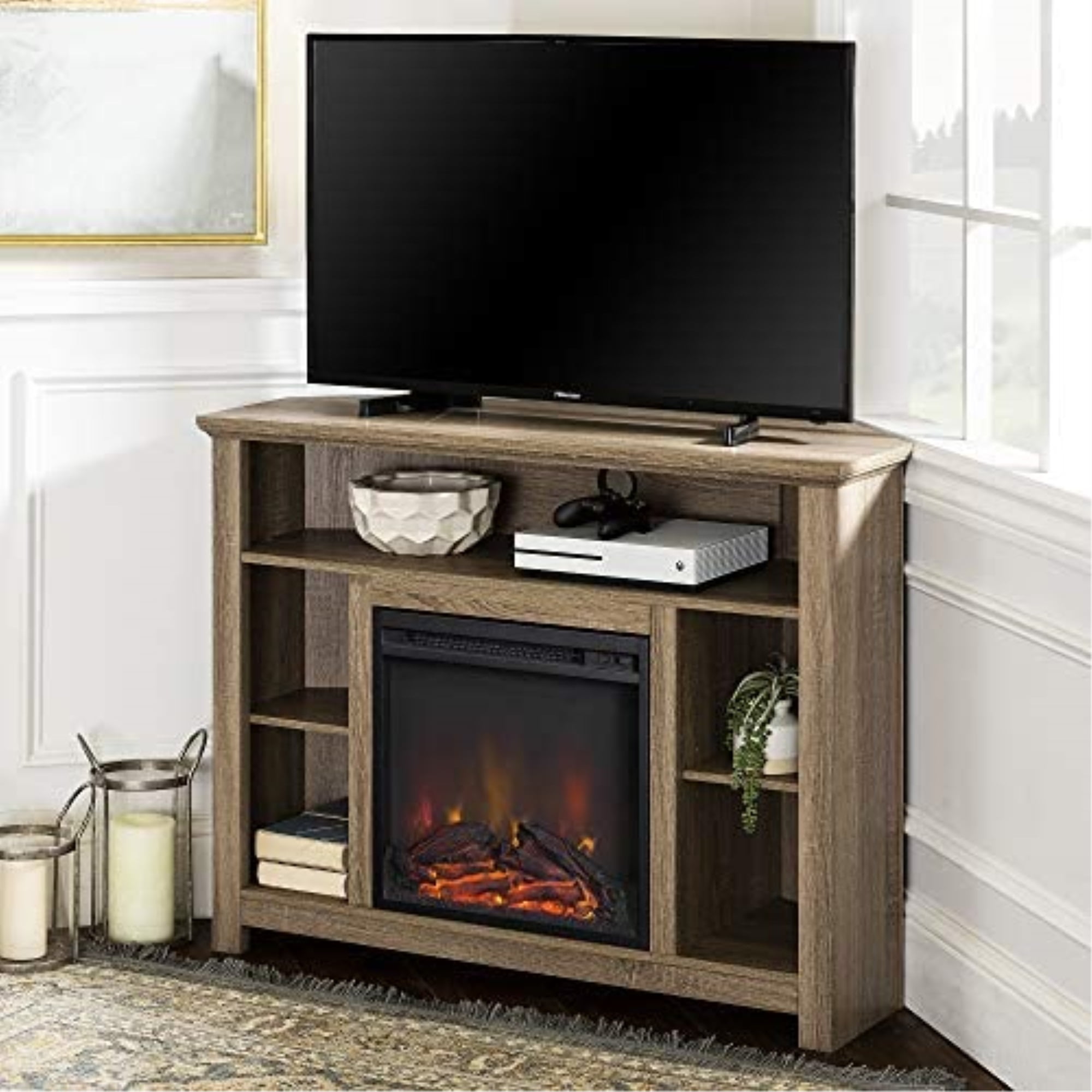 Walker Edison 44" Wood Corner Fireplace TV Stand Driftwood Walmart