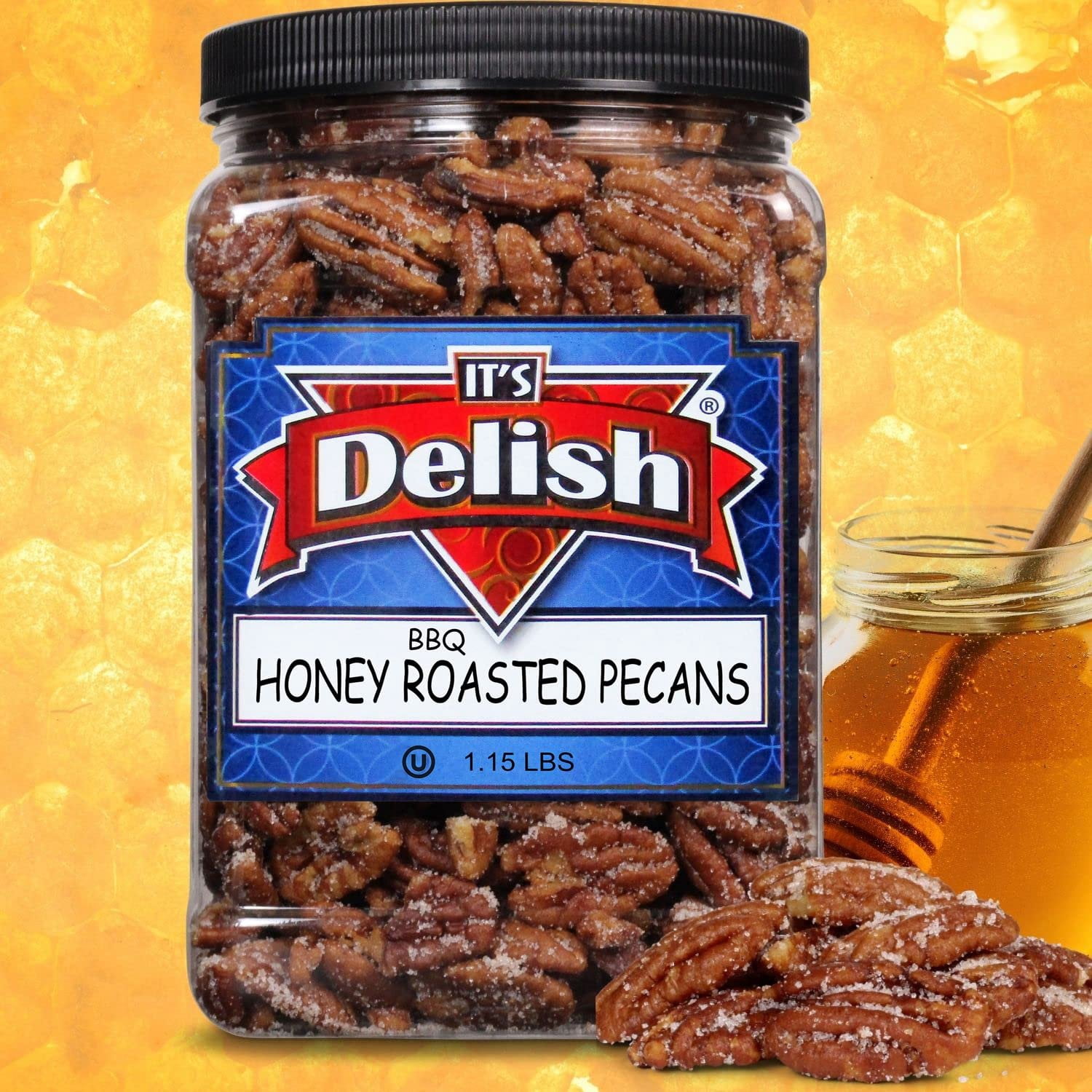 BBQ Honey Roasted Pecans by It's Delish, 1.15 LBS Reusable Jumbo Container Gourmet Pecan Nuts in Honey Sugar Coating and Barbecue Seasoning, Sweet & Savory Nut Snack - Vegan, Kosher Parve