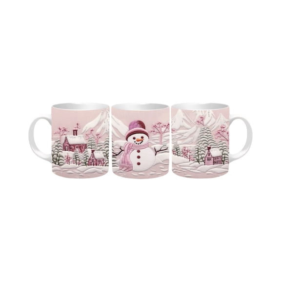 Christmas Snowman Collection 11oz Mug Handmade, Sublimated with Embroidery Illusion, Home Decor. (Pink #2)