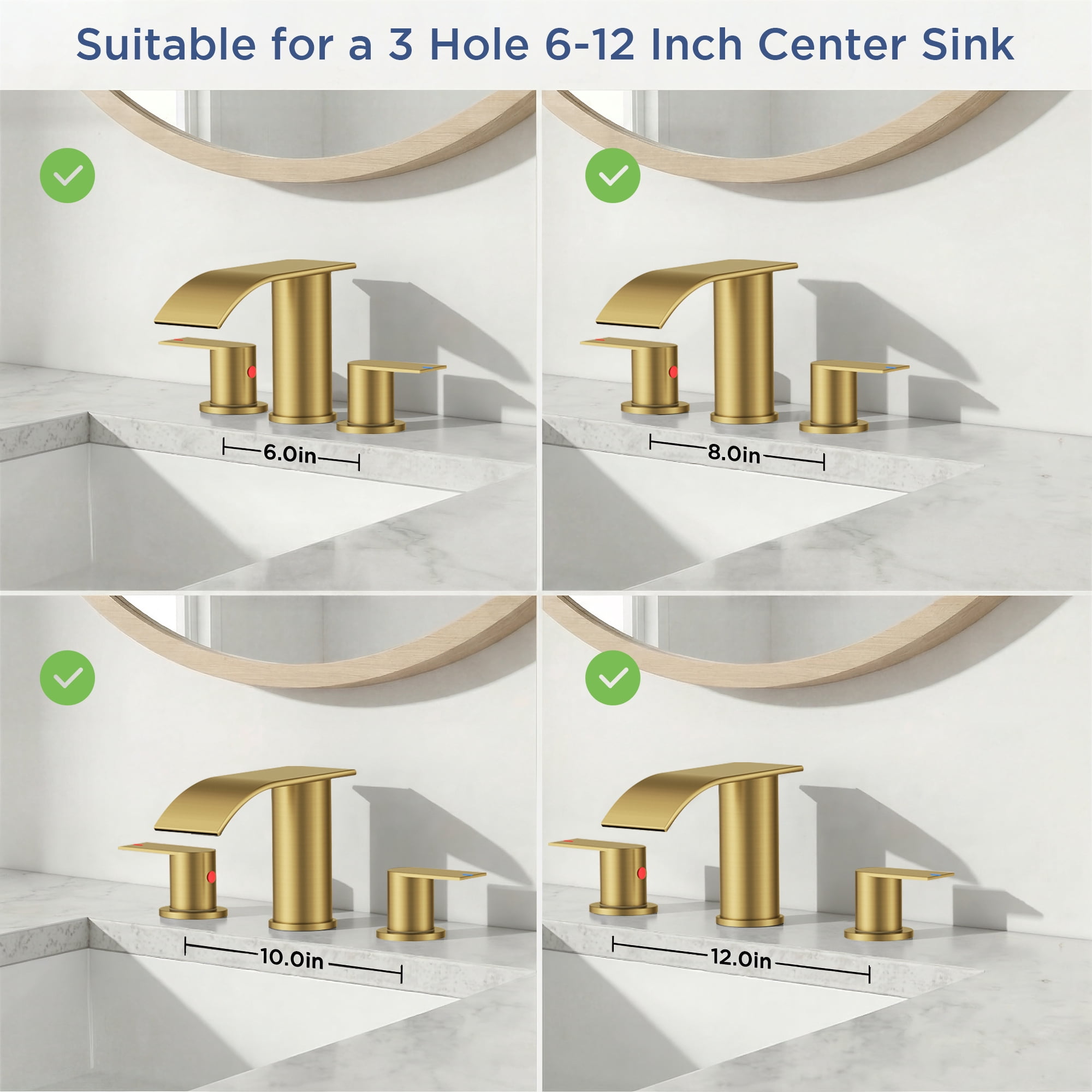 TVOFEK 8 inch Waterfall Bathroom Faucet 3 Hole, Gold Widespread Bathroom Water Faucets with Metal Pop-up Drain and Supply Lines for Vanity Farmhouse, Stainless Steel Faucets