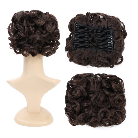 SWACC Extensión de moño de pelo corto, desordenado y rizado, peines de pelo fáciles de estirar, clip en extensión de cola de caballo, bandeja de moño, postizos de cola de caballo (marrón oscuro-4#)