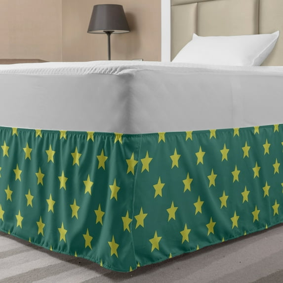 Stars Bed Skirt, Vintage Style Geometric Pattern with Star Motifs in Green Shades, Elastic Bedskirt Dust Ruffle Wrap Around for Bedding Decor, 4 Sizes, Jade Green Pale Green, by Ambesonne