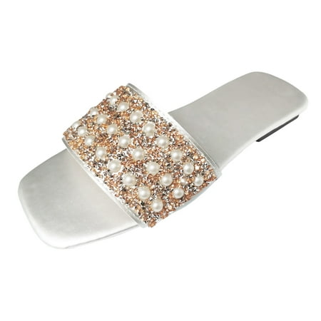 

Xboschi Comfortable Sandals For Women Sandals Dressy Ladies Pearl Colourful Sequins Square Head Flat Bottom Beach Outer Wear Large Size Sandal Slippers