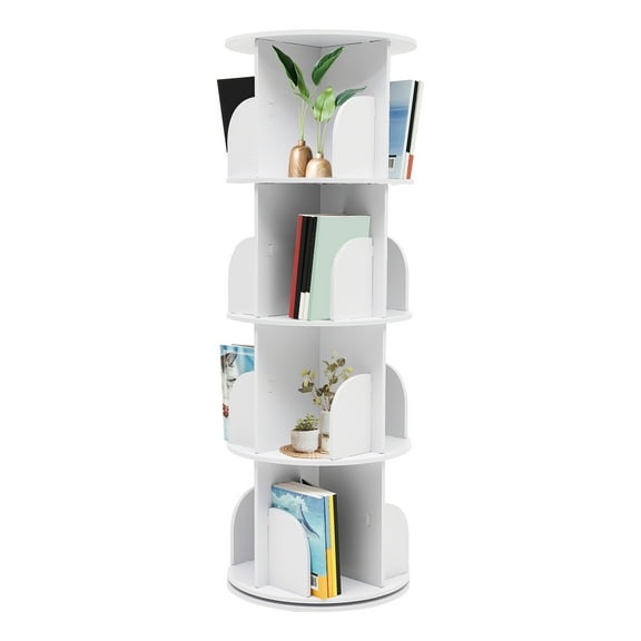 White Round Revolving Bookshelf, 2/4 Tier 360° Rotating Wood Floor Standing Bookcase Magazine Storage Display Rack