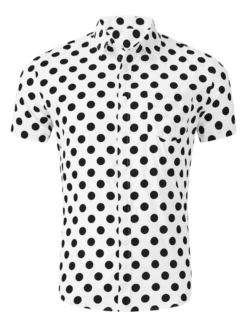 Unique Bargains Men's Button Down Short Sleeves Cotton Polka Dots
