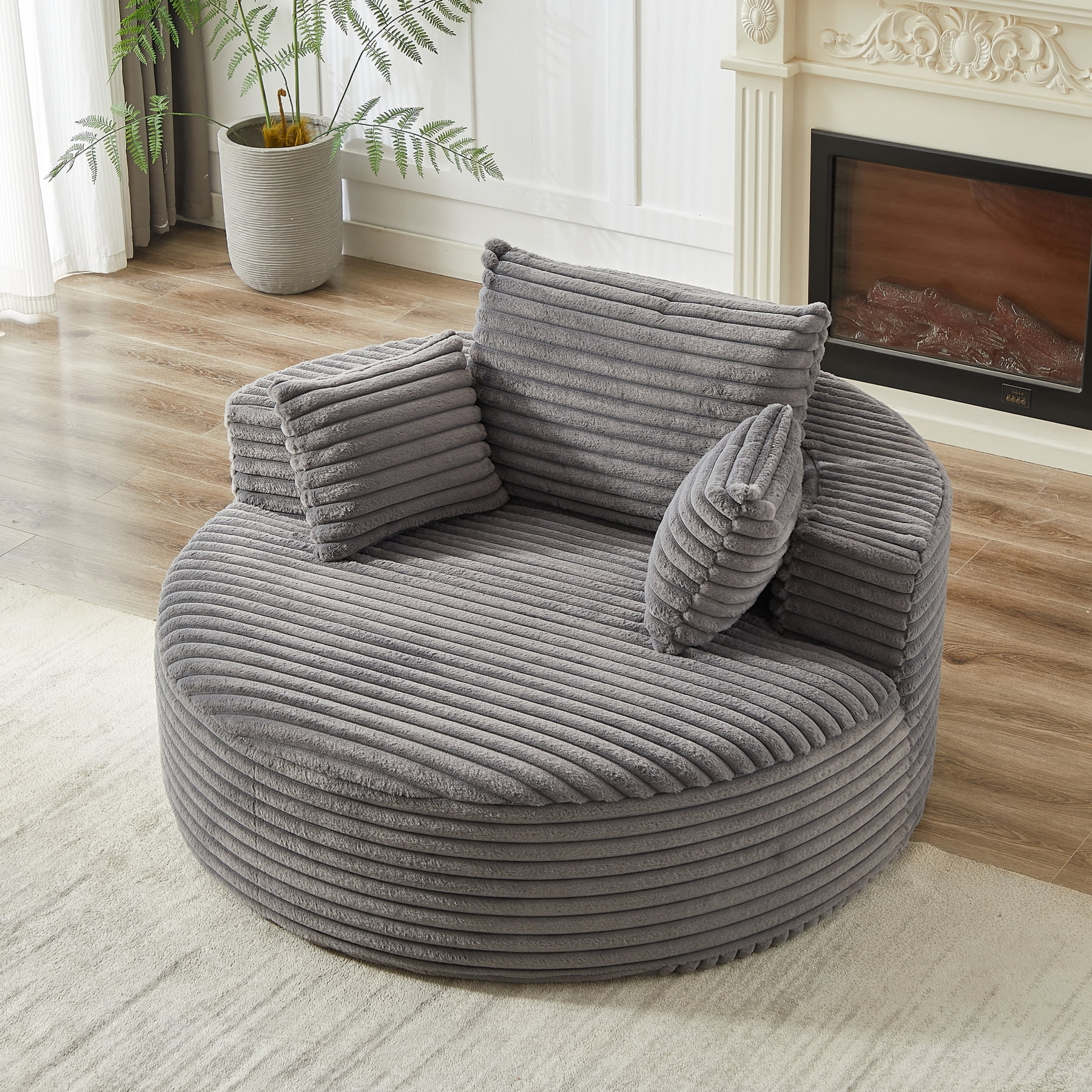 Leumius 55'' Oversized Round Chaise Longue Chair,Upholstered Corduroy Single Cloud Circle Sofa Chair with Deep Seat,Fluffy Modern Sleeper Sofa Bed for Reading,Living Room,Bedroom,