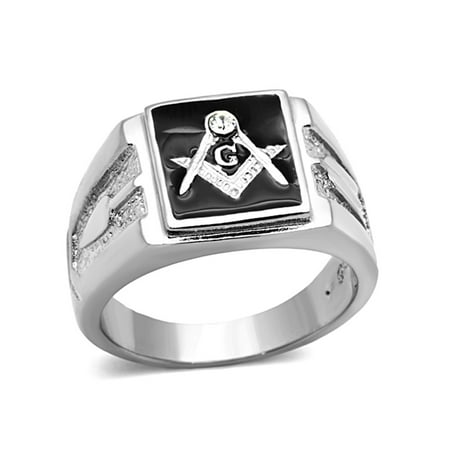 - Solid Back Square Face 316 Stainless Steel Masonic Men's Onyx Ring- Size 12
