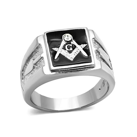 Solid Back Square Face 316 Stainless Steel Masonic Men's Onyx Ring- Size 12