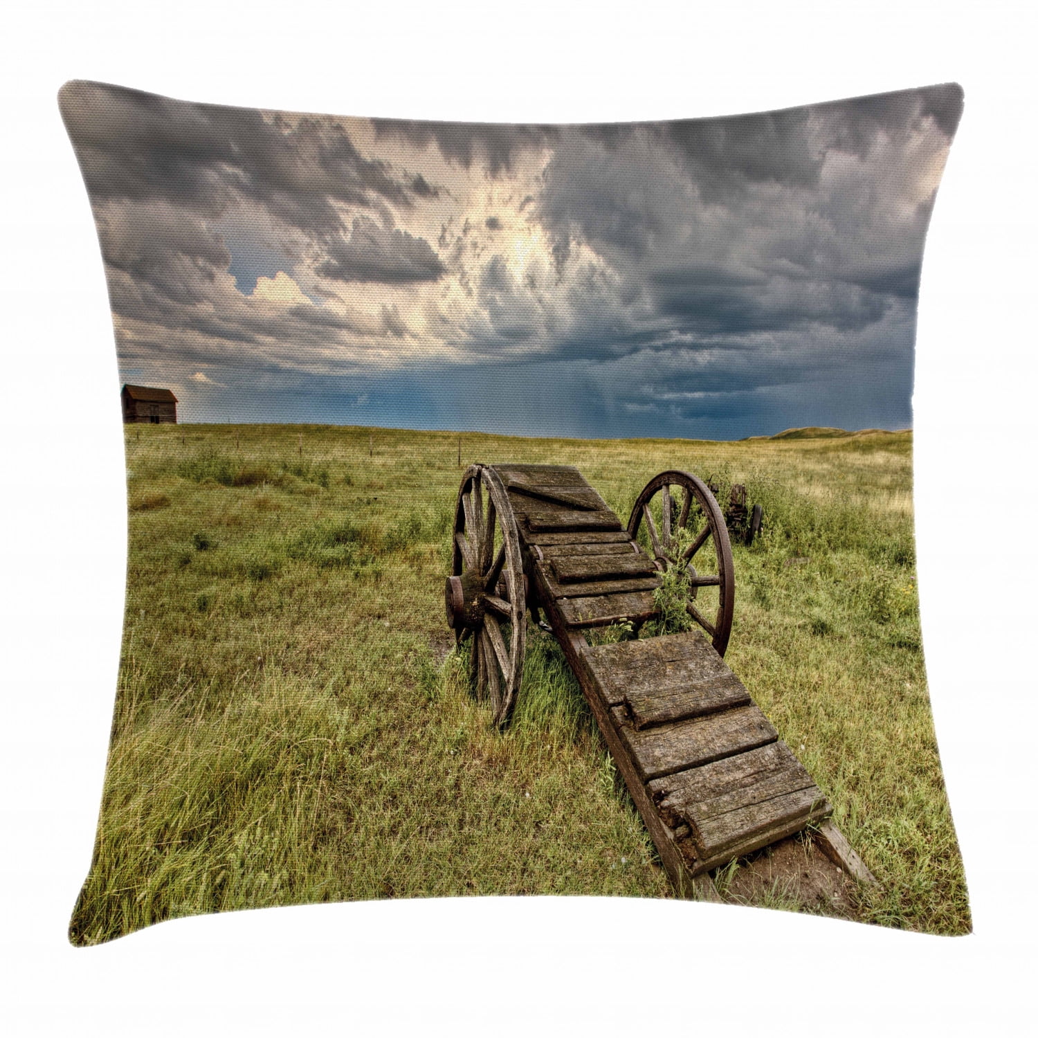 Barn Wood Wagon Wheel Throw Pillow Cushion Cover, Old Prairie Cart