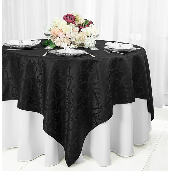 Wedding Linens Inc. 72"x72" Square Versailles Damask Jacquard Polyester Linen Tablecloth Table Overlays Toppers - Black